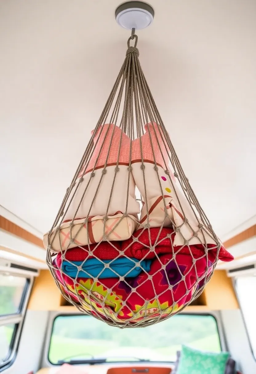 21 Ingenious Camper Storage Ideas That'll Maximize Every Inch of Your Space! - 20. Ceiling-Mounted Storage Net