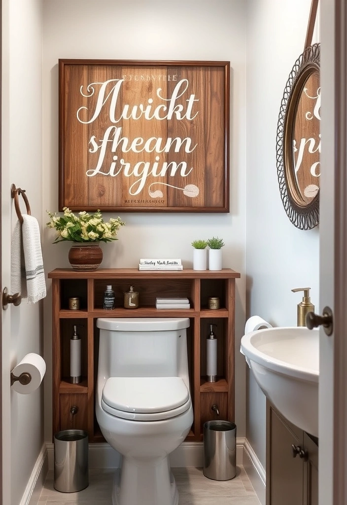 21 Over the Toilet Storage Ideas That'll Maximize Your Bathroom Space Like Never Before! - 21. Personalized Wall Art with Storage