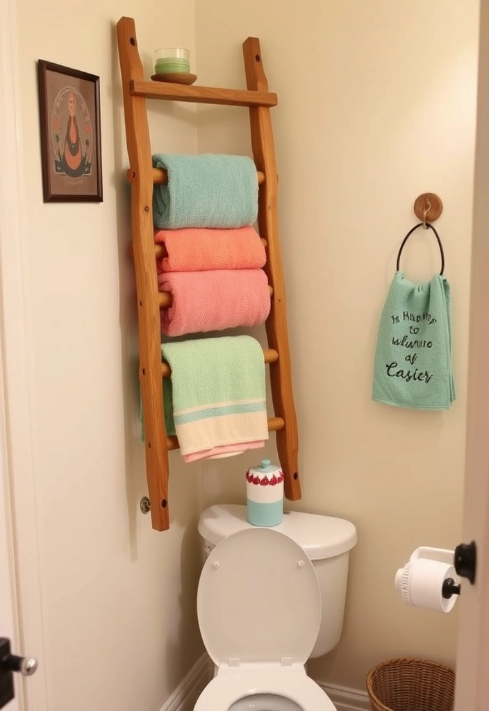 21 Over the Toilet Storage Ideas That'll Maximize Your Bathroom Space Like Never Before! - 14. Towel Ladder Above Toilet