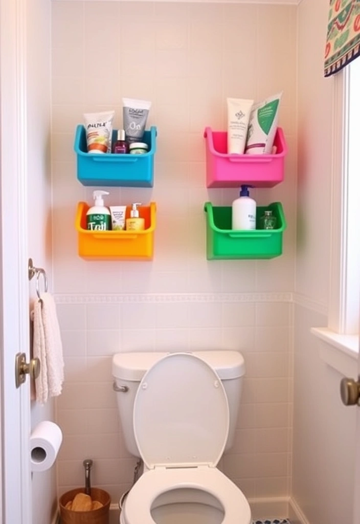 21 Over the Toilet Storage Ideas That'll Maximize Your Bathroom Space Like Never Before! - 16. Colorful Floating Bins