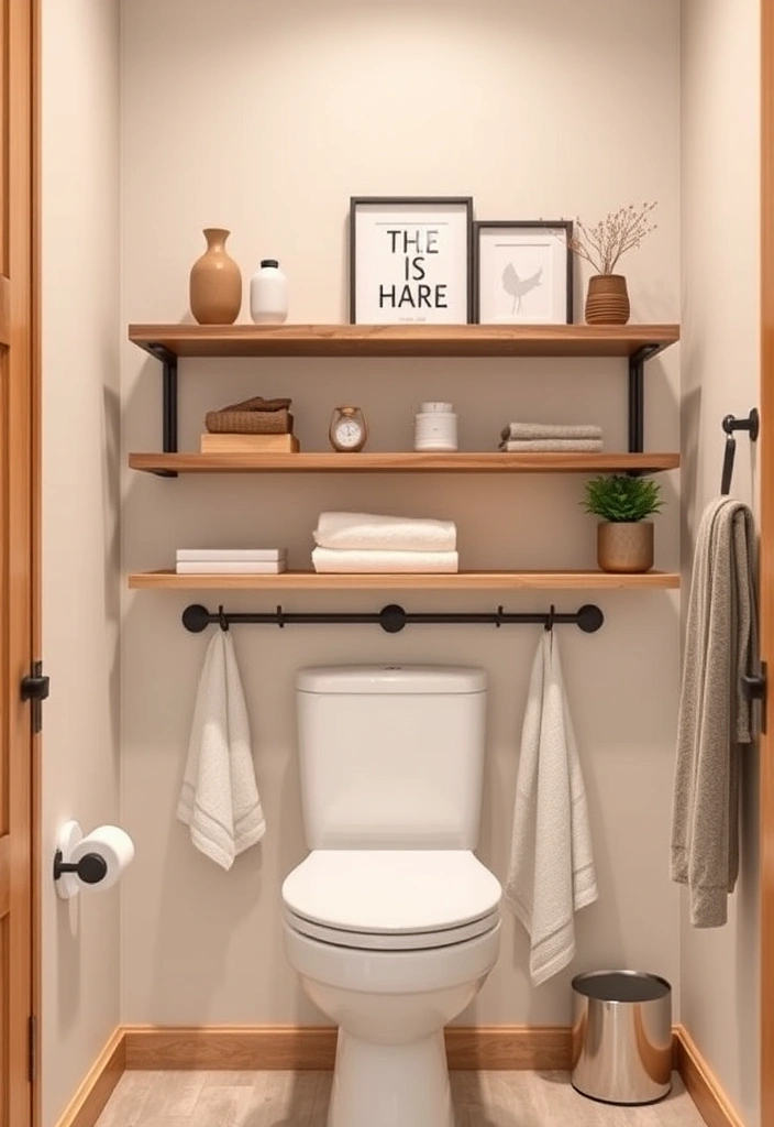 21 Over the Toilet Storage Ideas That'll Maximize Your Bathroom Space Like Never Before! - 6. Floating Shelves with Hooks