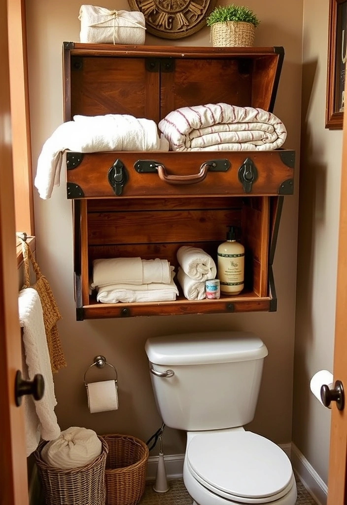 21 Over the Toilet Storage Ideas That'll Maximize Your Bathroom Space Like Never Before! - 18. Vintage Storage Trunk